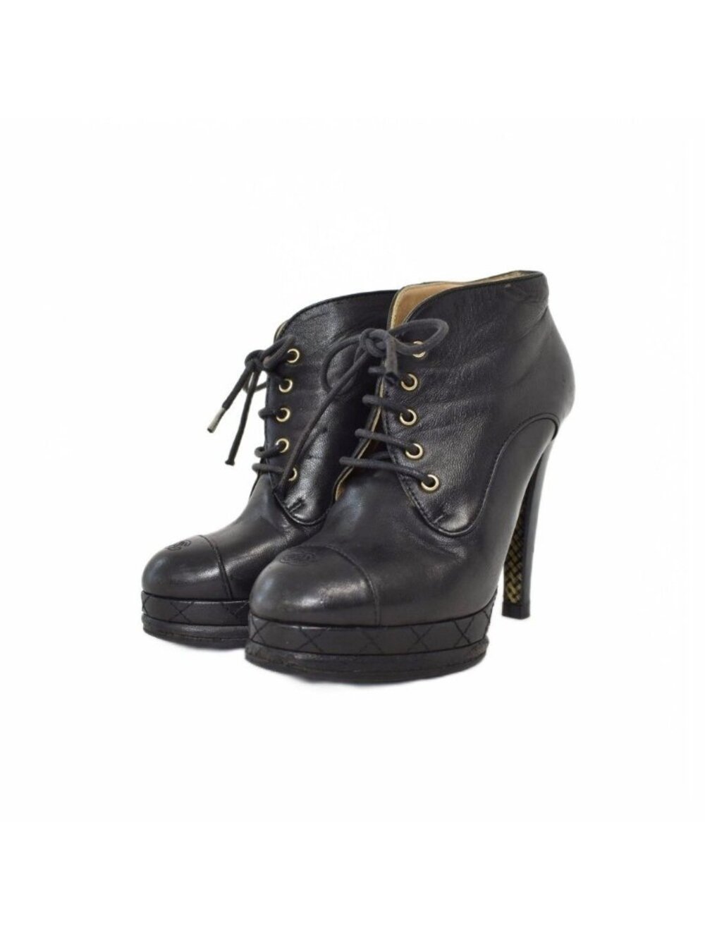Chanel Short Boots Booties High Heels CC Logo Leather Black